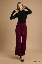 Umgee Velvet Pleated Wide Leg Pants OutfitFlow